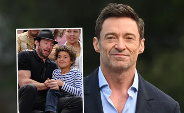 Actor with child, making a funny face; inset on right shows smiling actor in a suit.