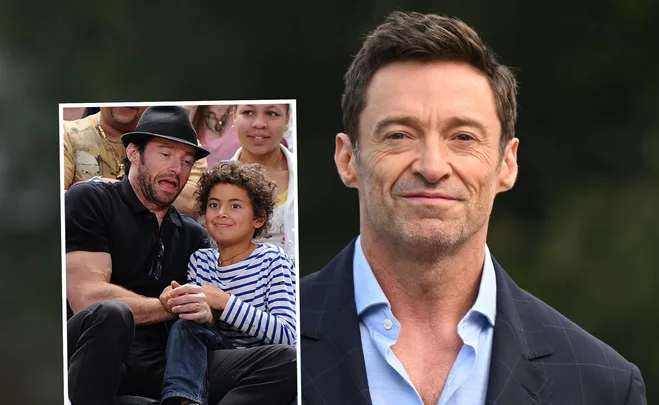 Actor with child, making a funny face; inset on right shows smiling actor in a suit.