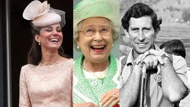 Three people smiling: two women in hats, one in lace, another in glasses and pearls, and a man with a polo stick.