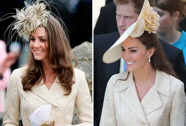 Two side-by-side images of a woman in an off-white coat, wearing different hats with floral details at formal events.