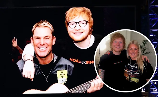 Ed Sheeran with Shane Warne, smiling together. An inset shows Ed Sheeran with a woman, both smiling.