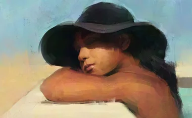 A digital painting of a woman relaxing in a sun hat, leaning on her arms with eyes closed against a tranquil sky background.