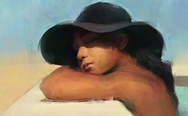 A digital painting of a woman relaxing in a sun hat, leaning on her arms with eyes closed against a tranquil sky background.