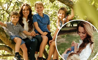 A woman and three children sit on a tree branch, smiling outdoors; close-up of her holding a child in an inset.