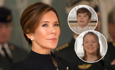 A woman with short brown hair appears prominently; two circular insets show a young boy and girl smiling.
