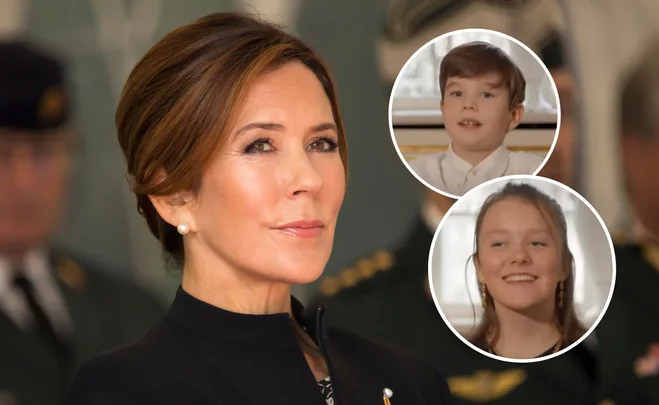 A woman with short brown hair appears prominently; two circular insets show a young boy and girl smiling.
