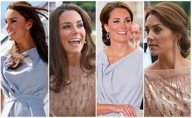 Four images of a woman wearing elegant outfits, showcasing different styles and occasions.