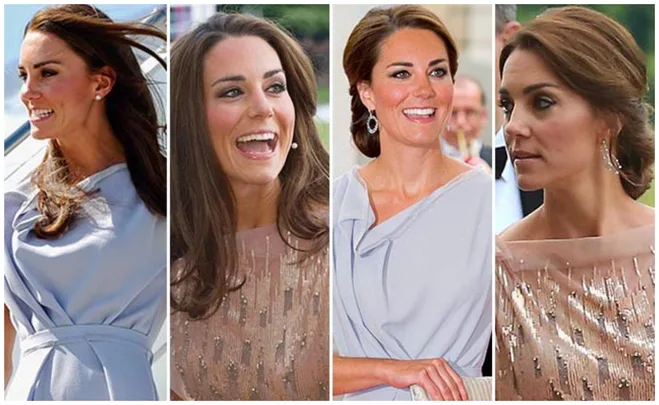 Four images of a woman wearing elegant outfits, showcasing different styles and occasions.