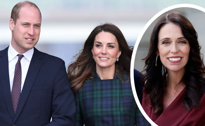 Prince William and Kate Middleton walking; inset shows Jacinda Ardern smiling.