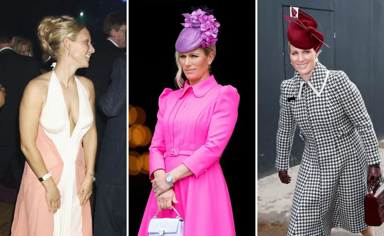 Three images of a woman in different outfits: a halter dress, a bright pink coat with purple hat, and a houndstooth coat.
