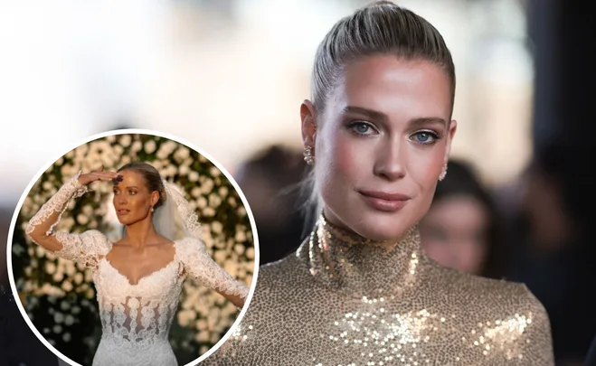 Close-up of a woman in a gold dress with an inset of her in a wedding gown, hand shading her eyes.