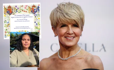 Julie Bishop smiling at an event, with an inset of a coronation invitation and a woman in a beige sweater.