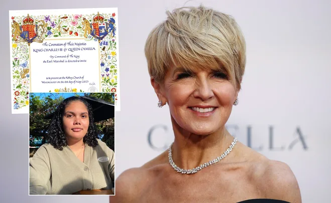 Julie Bishop smiling at an event, with an inset of a coronation invitation and a woman in a beige sweater.