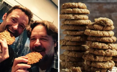 Two people enjoying Anzac biscuits on the left; on the right, a stack of Anzac biscuits.