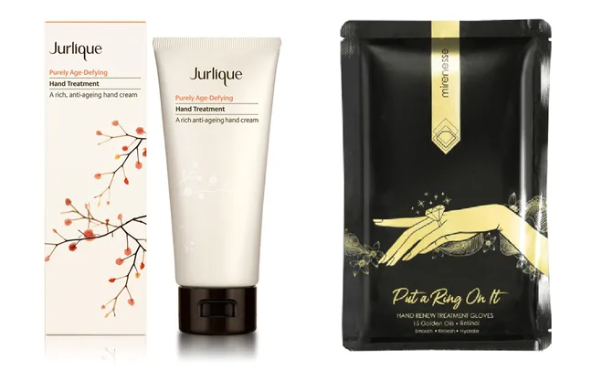 Jurlique anti-ageing hand cream and Mirenesse hand treatment gloves packaging.