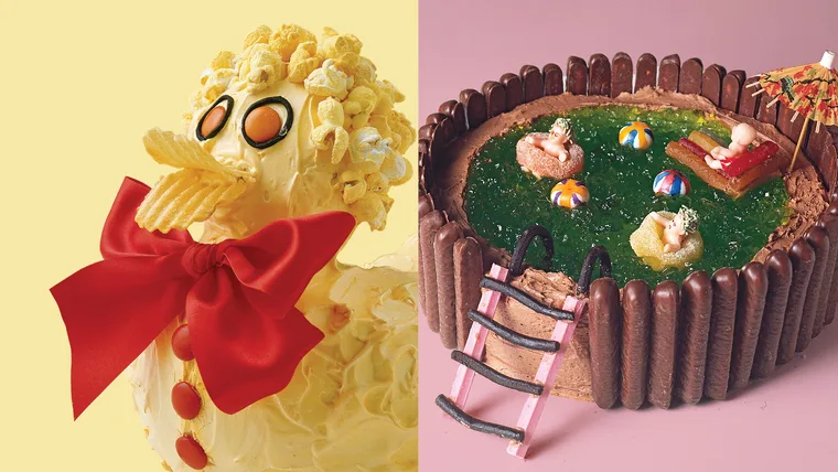 Lion cake with potato chips and popcorn mane, red bow; pool cake with green jelly, baby figures, chocolate fence.