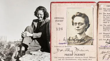 Black and white photo of a woman sitting; right side shows her official press permit with photo and signature.