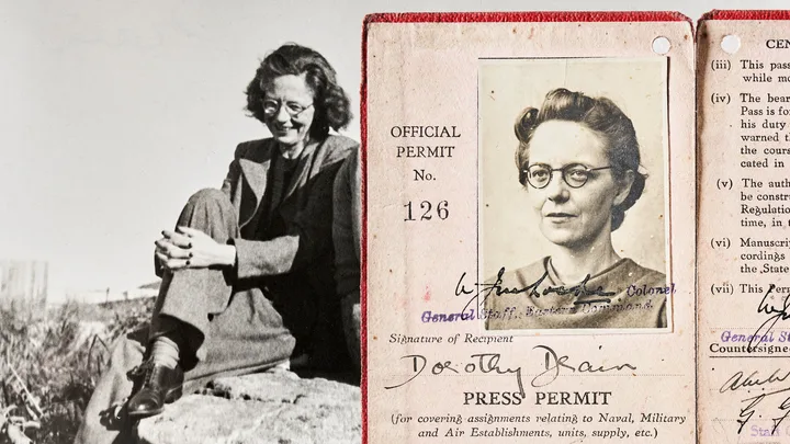 Black and white photo of a woman sitting; right side shows her official press permit with photo and signature.