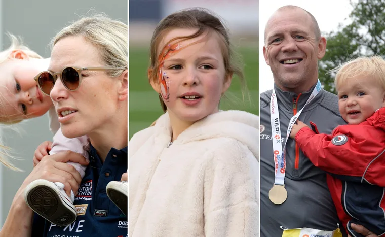 Zara Tindall with children; a girl with face paint; Mike Tindall holding a toddler, smiling.