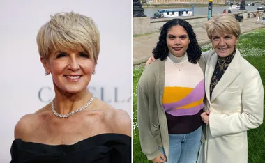 Two images: Left, a woman in an off-shoulder black dress; Right, same woman in a white coat with another woman outdoors.