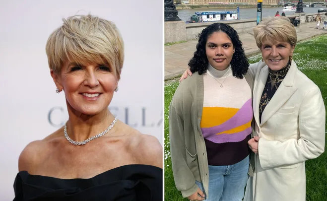 Two images: Left, a woman in an off-shoulder black dress; Right, same woman in a white coat with another woman outdoors.