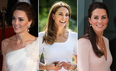 Three different moments of Kate Middleton showcasing her jewelry styles in various elegant outfits.