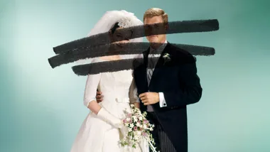 Wedding couple in vintage attire, faces obscured by black paint strokes. Bride holds bouquet, groom wears dark suit.