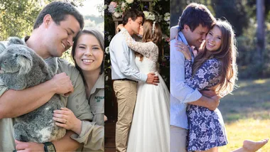 Couple embracing in various settings: with koala, wedding kiss, and outdoor hug.