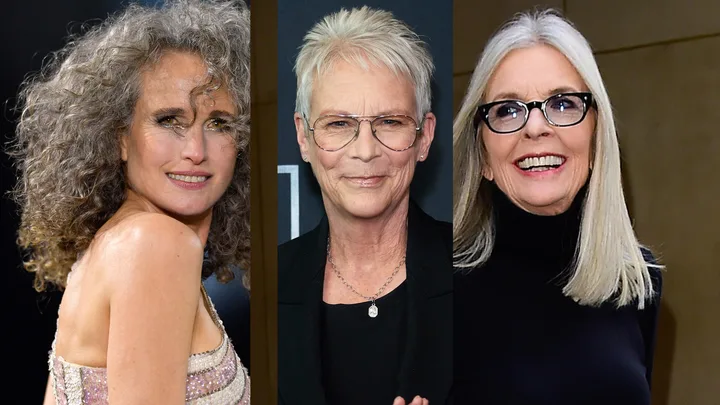 Three women with gray hair smiling, from left to right; curly, short, and straight hairstyles.