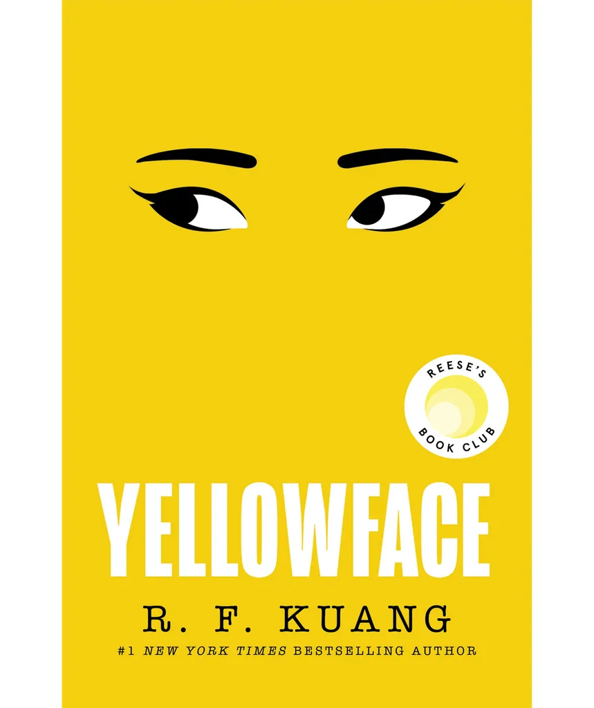 Cover of "Yellowface" by R.F. Kuang, featuring stylized eyes on a yellow background with Reese's Book Club seal.