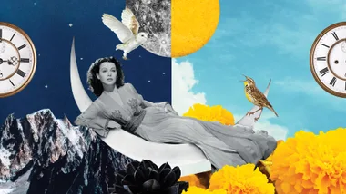 Surreal collage of woman on a crescent moon with clocks, owl, bird, and flowers against split night and day sky.