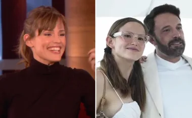 Smiling woman in black top sitting at a talk show and a young girl with glasses standing next to a bearded man in white.