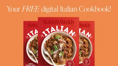 Free digital Italian cookbook offer from The Australian Women's Weekly, featuring a spaghetti dish on the cover.