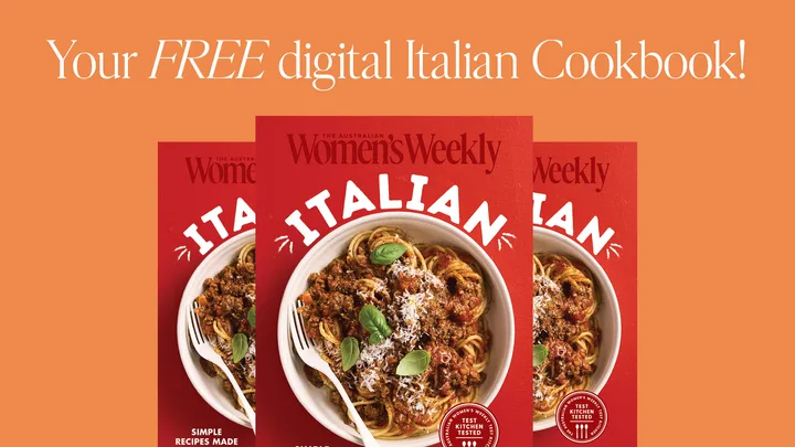 Free digital Italian cookbook offer from The Australian Women's Weekly, featuring a spaghetti dish on the cover.