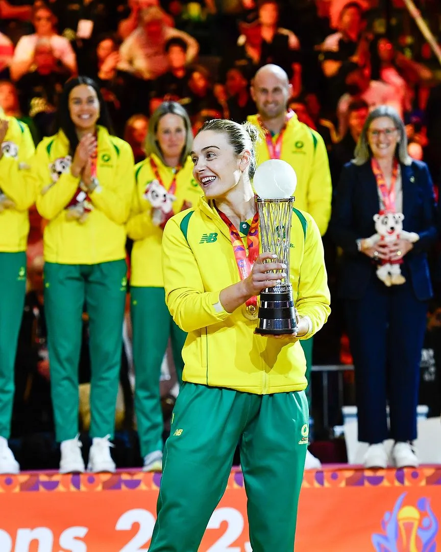 Liz Watson of Australia with Dame Liz Nicholl and The president of South Africa, Cyril Ramaphosa during the Netball World Cup Medal Presentation at Cape Town International Convention Centre, Court 1 on August 06, 2023 in Cape Town, South Africa. (Photo by Ashley Vlotman/Gallo Images/Netball World Cup 2023 via Getty Images)