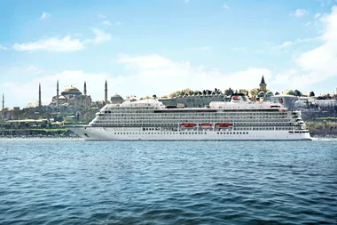 A Viking cruise ship with Istanbul skyline in the background