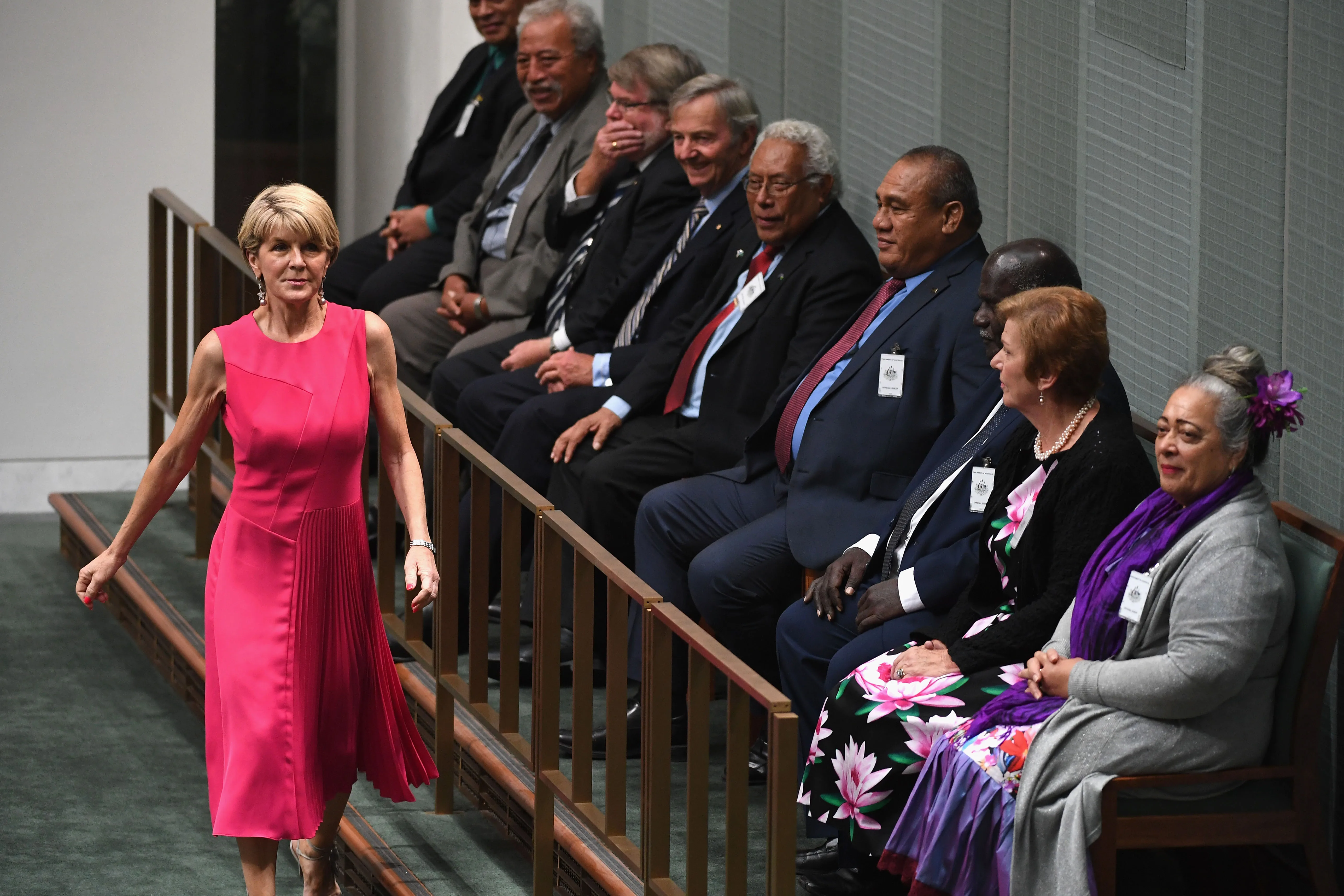 Julie Bishop greets guest speakers as she arrives at question time at Parliament House on November 26, 2018 in Canberra, Australia. The Morrison government trails Labor by 10 points in recent polls. It comes following Labor's landslide win in the Victorian state election over the weekend, with Daniel Andrews retaining power with an increased majority.  (Photo by Tracey Nearmy/Getty Images)