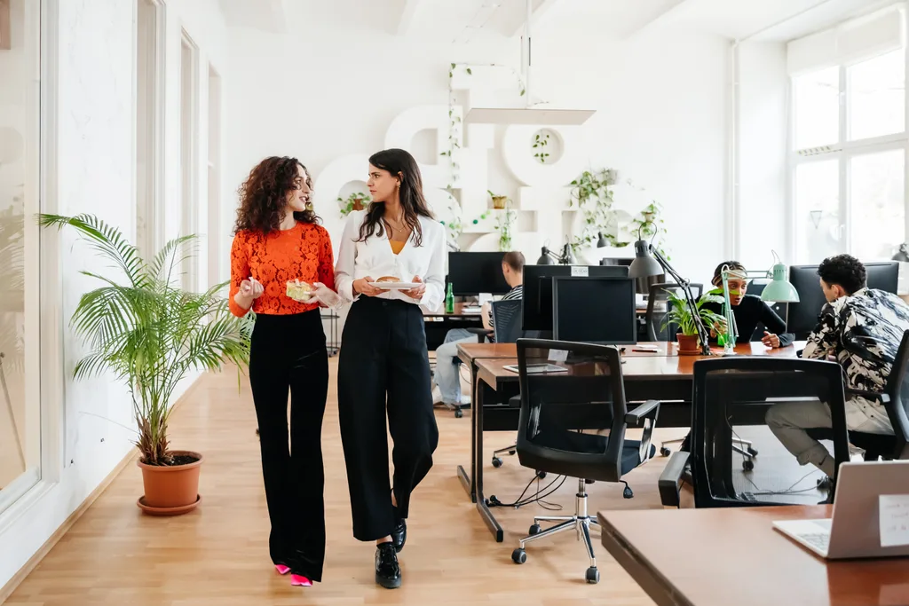 Two office colleagues walking past some computer desks. 