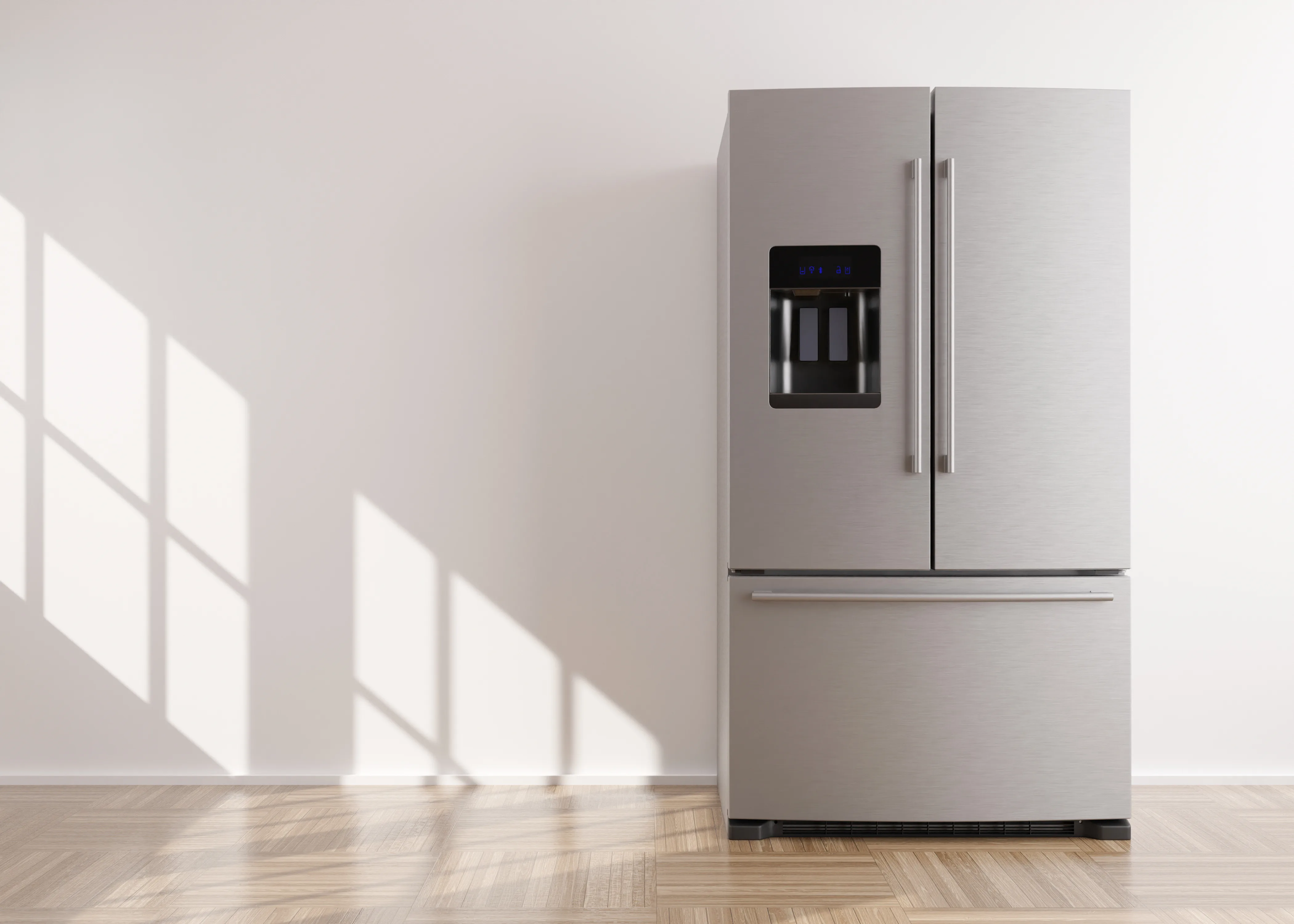 Refrigerator standing in empty room. Household electrical equipment. Modern kitchen appliance. Stainless steel fridge with double doors, freezer. 3d render