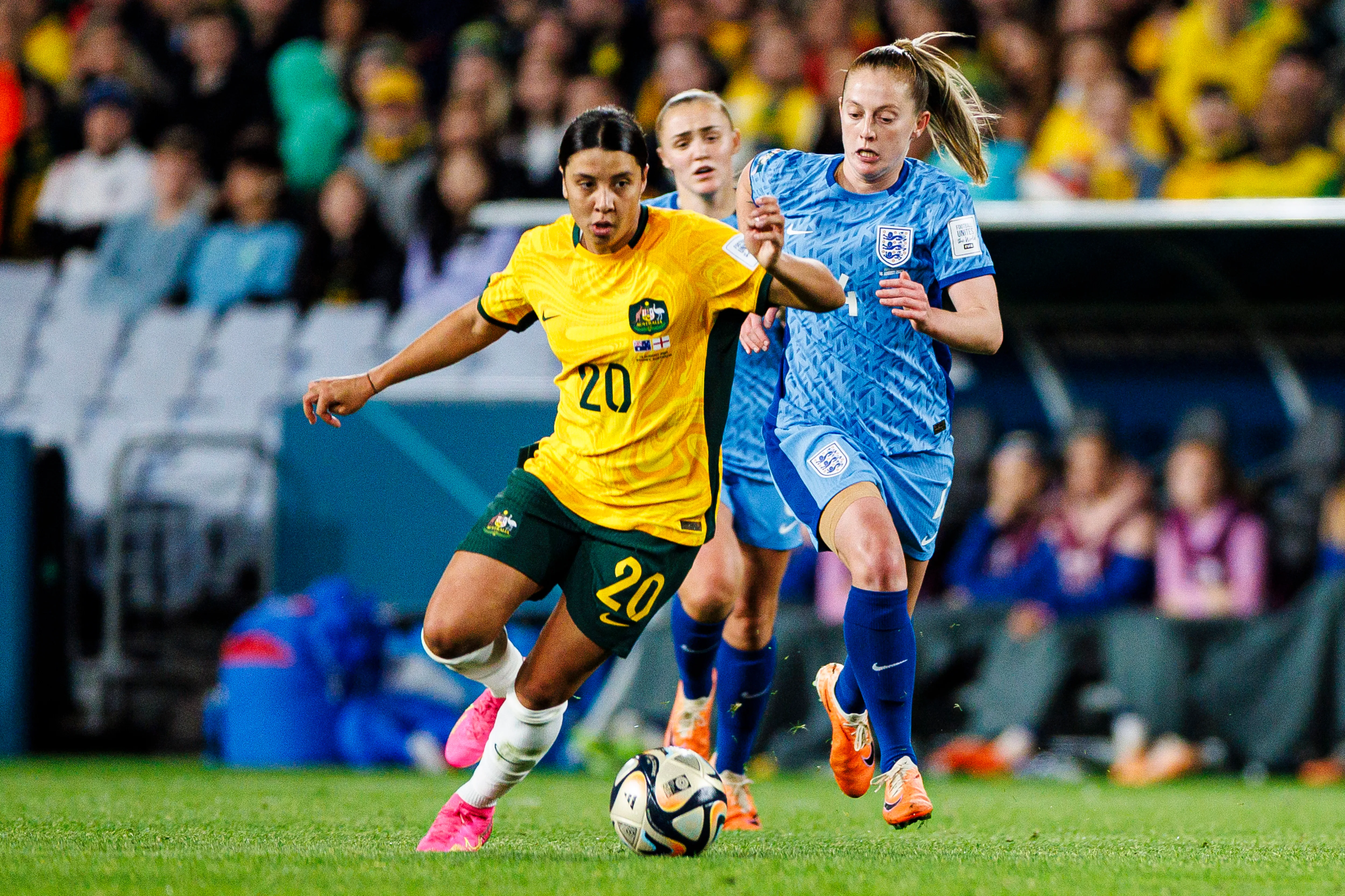 Sam Kerr of Australia plays against Keira Walsh of England during the FIFA Women's World Cup Australia & New Zealand 2023 Semi Final match between Australia and England.