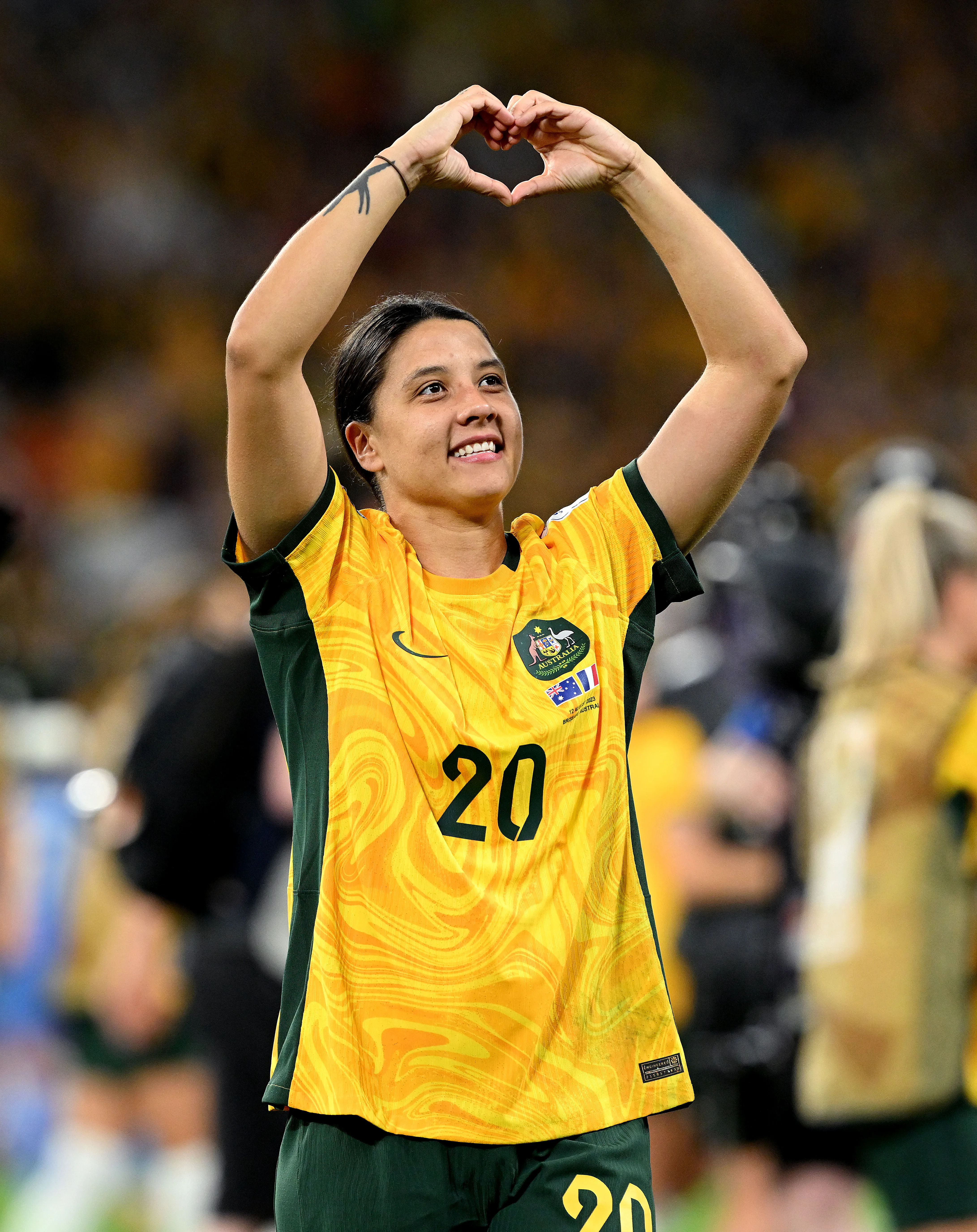 BRISBANE, AUSTRALIA - AUGUST 12: Sam Kerr of Australia celebrates her team's victory through the penalty shoot out during the FIFA Women's World Cup Australia & New Zealand 2023 Quarter Final match between Australia and France at Brisbane Stadium on August 12, 2023 in Brisbane, Australia. (Photo by Bradley Kanaris/Getty Images)