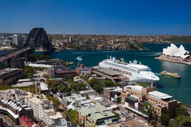 Elevated view of Sydney Harbour Bridge from the Rocks in Sydney, New South Wales, NSW, Australia,
