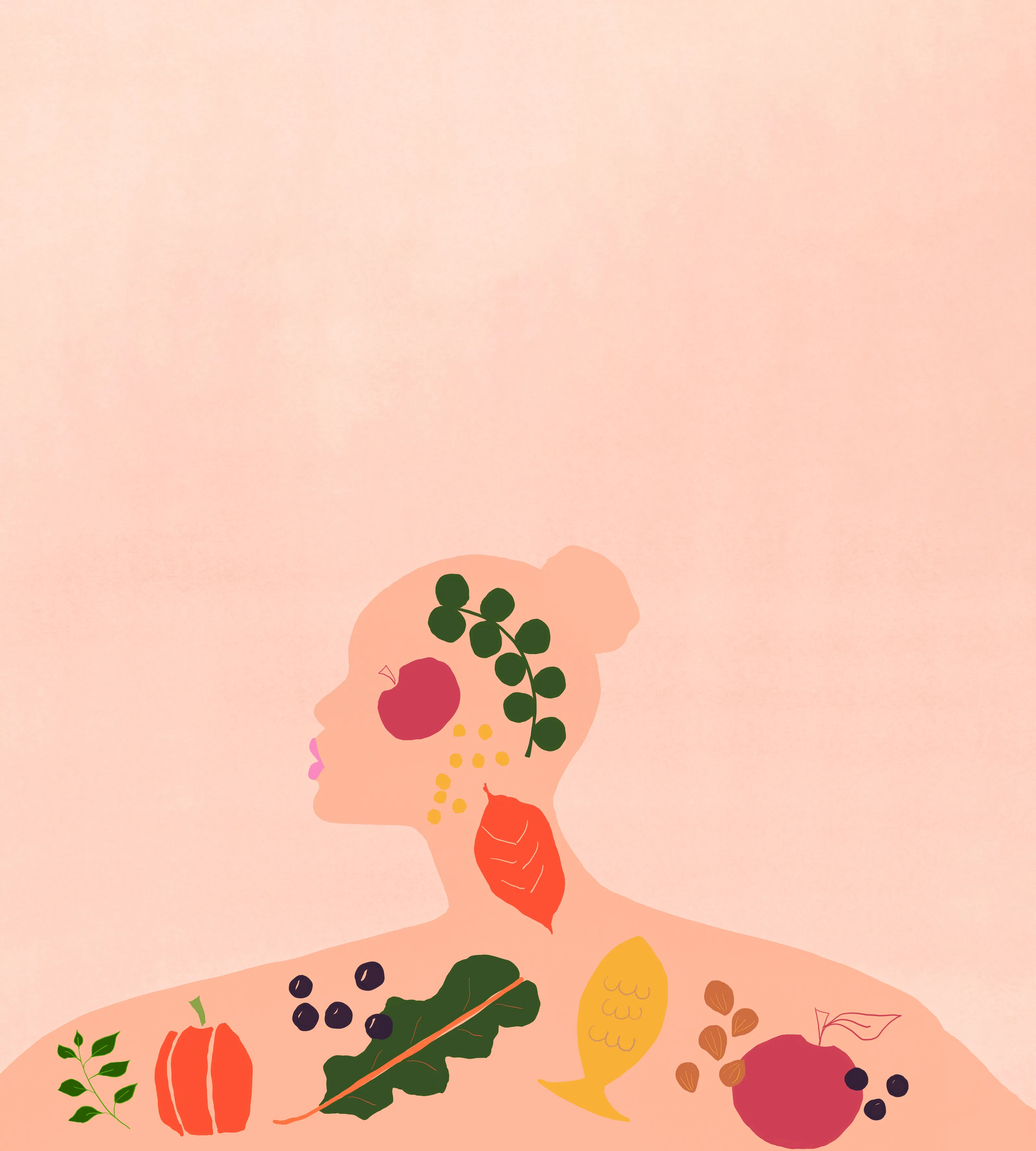 Healthy food representing microbiome gut brain connection. Vegetables, fruits, nuts, whole grains, fish. Digital illustration