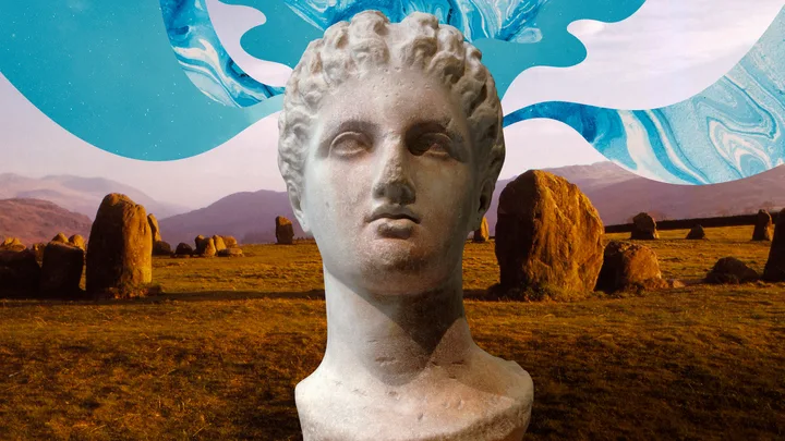 Bust of an ancient statue with a surreal blue pattern background and a stone circle landscape.