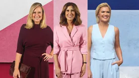 Three women smiling against colorful backgrounds, wearing burgundy, pink, and light blue outfits respectively.