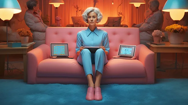 Woman in blue outfit sitting on pink sofa with laptops, holding a tablet. Retro decor with warm lighting and flowers.