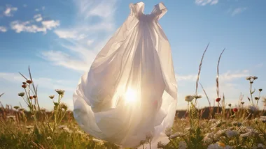 Plastic bag floating in a sunny field among wildflowers.