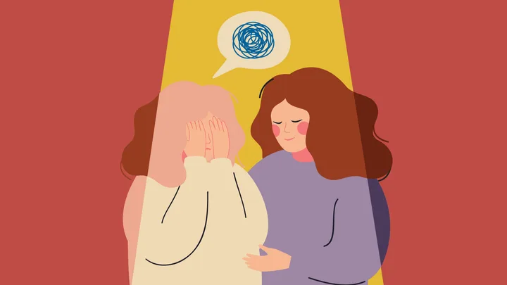 Illustration of a person comforting another who is stressed, with a tangled thought bubble above.