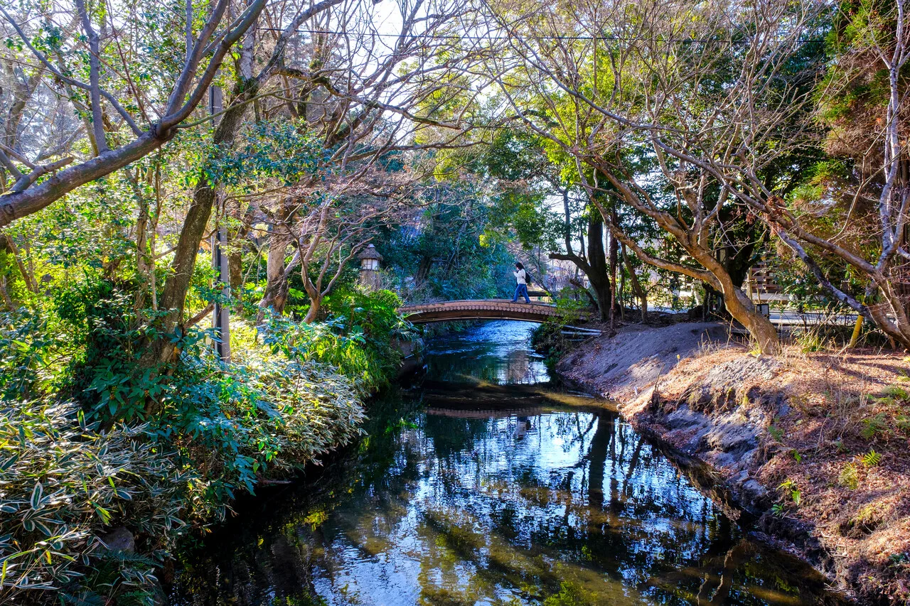 bridge over lake in Kyushu, Japan. 