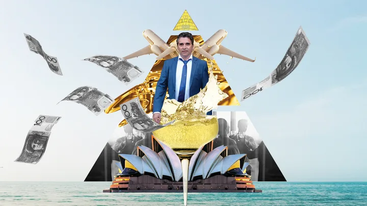 Collage of a man in a suit with planes, money, champagne, the Sydney Opera House, and a pyramid in the background.